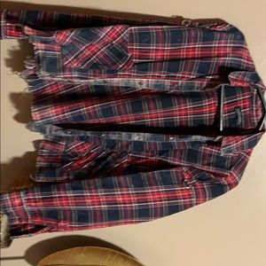 Plaid red, blue, white and yellow button down